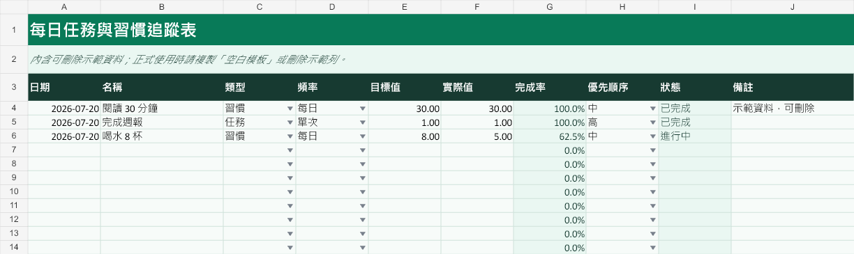 每日任務與習慣追蹤表主要工作表預覽